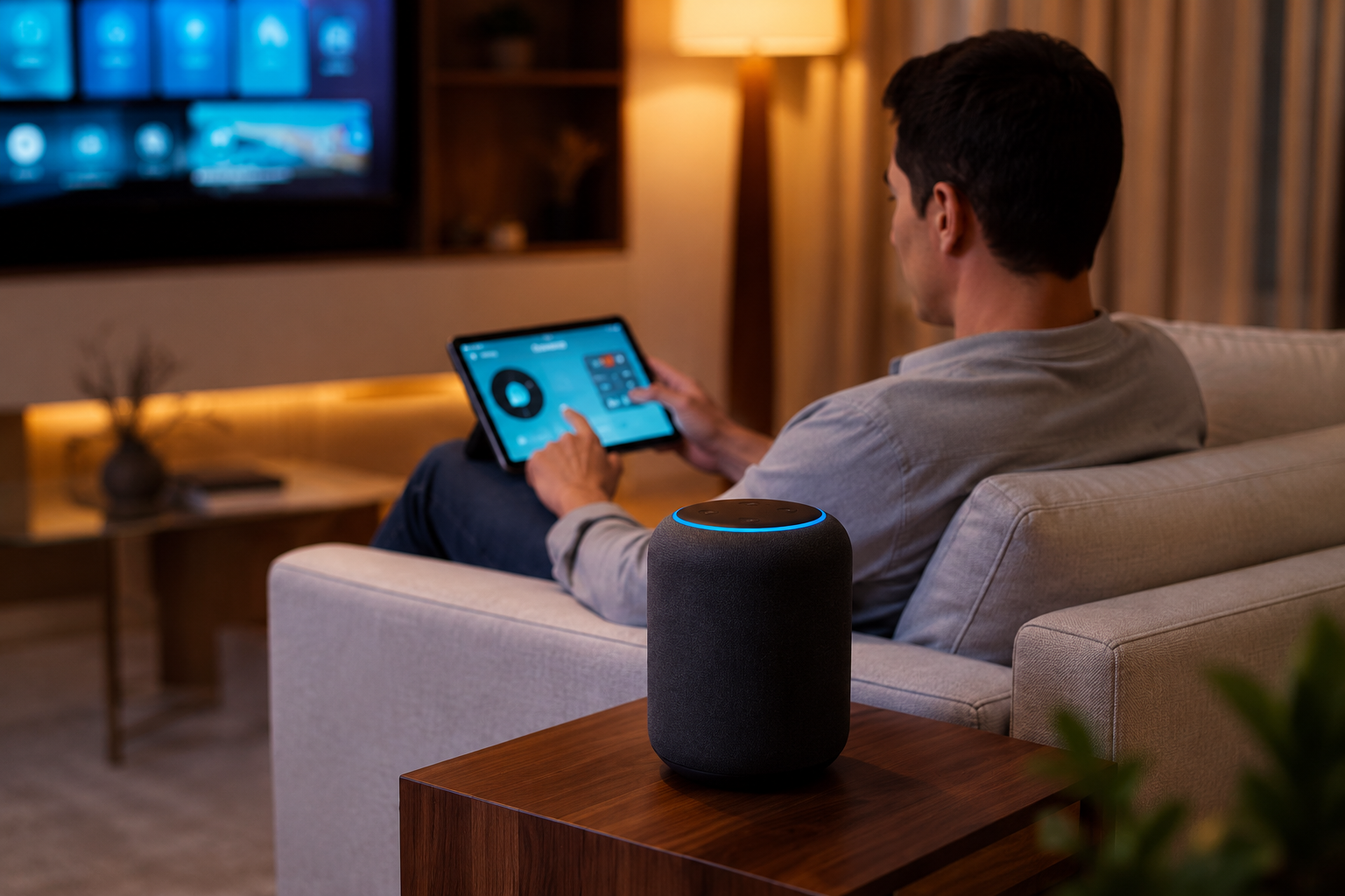 Sala automatizada com controle via tablet e assistente de voz